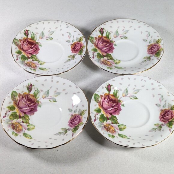 Vintage Paragon Golden Emblem set of 8 saucers, pink cabbage rose double warrent - Picture 5 of 9